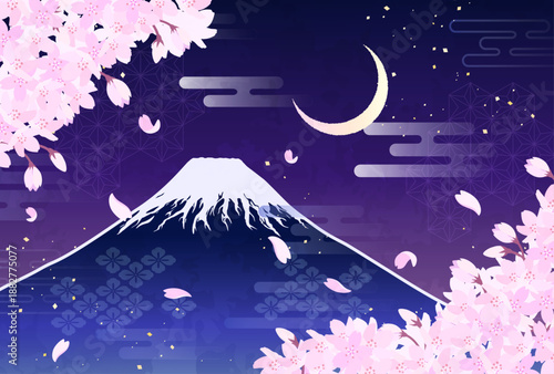 桜と富士山と三日月のイラスト_横4