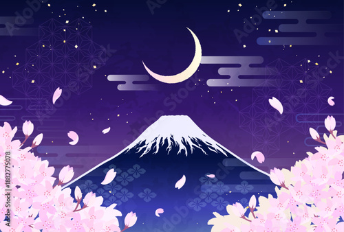 桜と富士山と三日月のイラスト_横3
