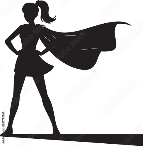 Black silhouette of a strong superhero woman with a flowing cape standing confidently with hands on hips.