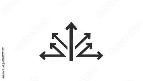 Minimalist animated icon of a central arrow splitting into multiple arrows pointing in various directions, symbolizing distribution or diversification.