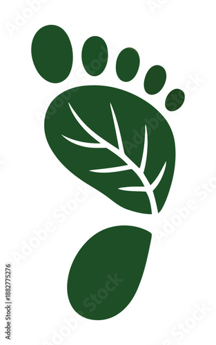Green footprint symbol representing ecological footprint and nature conservation with leaf detail isolated on white