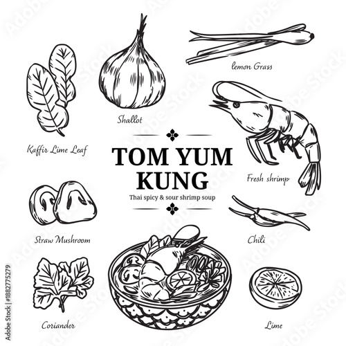 Hand drawn  Thai spicy and sour shrimp soup Tom Yum Kung outline drawing illustration