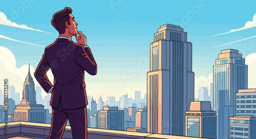 Ambitious businessman looking at city skyline sunrise vector illustration