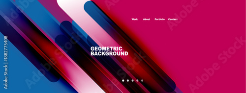 Abstract geometric background features vibrant blue, purple, pink gradients. Text displays work, about, portfolio, contact options. Modern design.