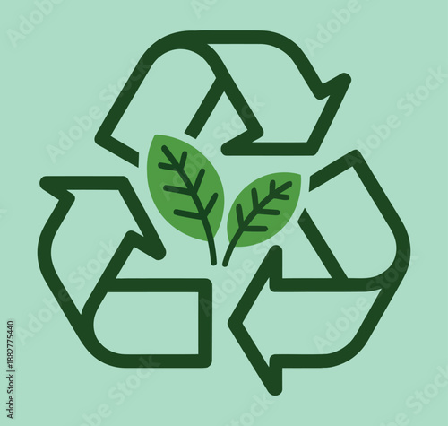 Green recycling symbol with two leaves integrated at the center representing sustainability and environmental protection concept