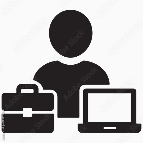 Freelance Business Professional Icon with Single Person Silhouette Carrying a Briefcase and Laptop, Minimalist Flat Black Vector Design for Corporate Career and Work Concept