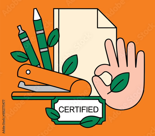 Hand gestures indicating approval and certification alongside office supplies and natural elements symbolizing ecofriendly business practices
