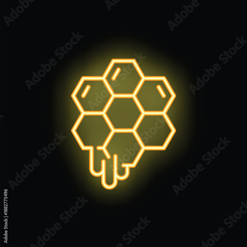 Yellow neon sign icon of a honeycomb dripping honey on a black background