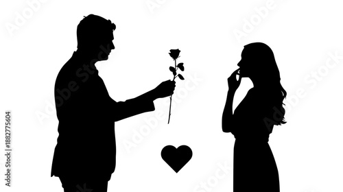 A romantic silhouette of a man offering a rose to a woman, symbolizing love and proposal