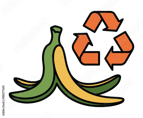 Illustration of banana peel and recycling symbol indicating composting or waste reduction for a healthier environment
