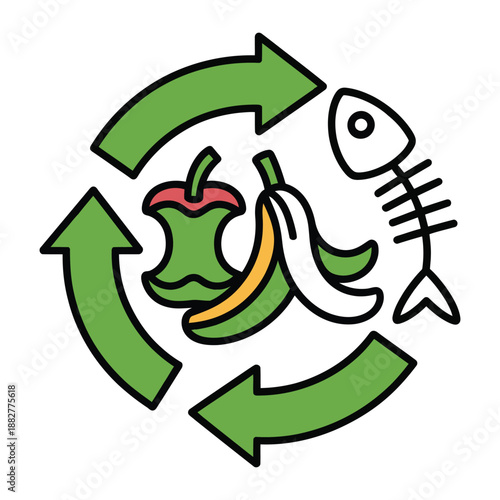Illustrative graphic showing a circular recycling symbol with arrows surrounding organic waste items like an apple core banana peel and fish skeleton for composting concepts