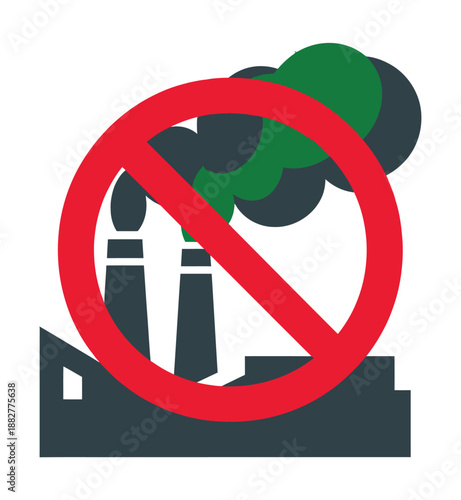 Industrial pollution prohibited symbol with factory chimneys emitting smoke crossed out by a red prohibition sign