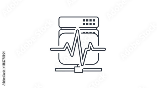 Animated line art icon of a server with a heartbeat or pulse line, symbolizing system health monitoring and network diagnostics.