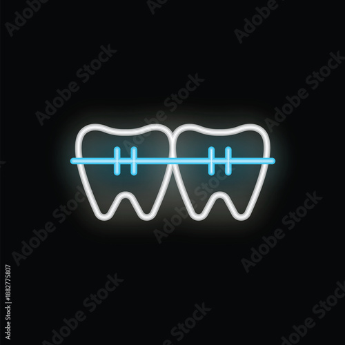 Blue and white neon sign showing teeth with braces on a black background