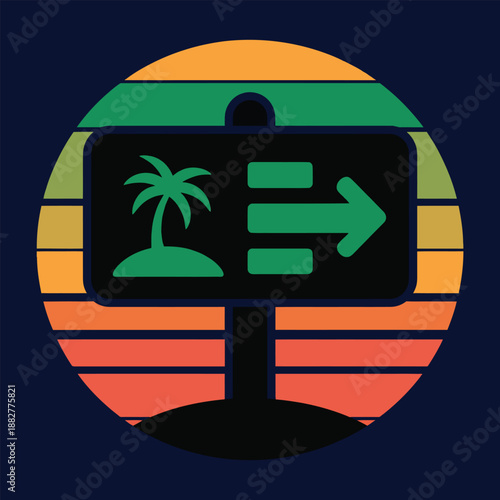 Retro sunset vibe with a vintage style road sign indicating a tropical island destination with a direction arrow and abstract elements