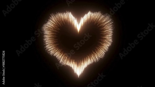 Golden glowing heart spark burst glowing with radiant streaks and romantic energy, golden light spark black background fireworks