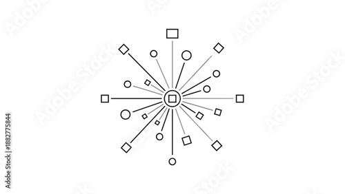 Abstract animated icon of a central point radiating out to various geometric shapes, symbolizing a hub, network, or distribution system.