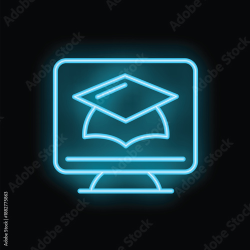 Neon icon showing a graduation cap on a computer screen, representing the concept of online education