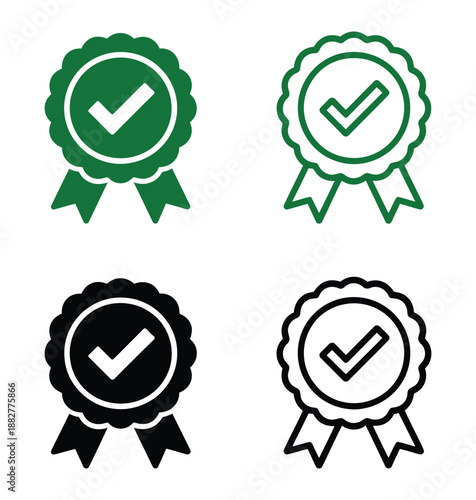 Set of four different badge icons with checkmarks offering options in green and black with solid and outline styles for graphic resources