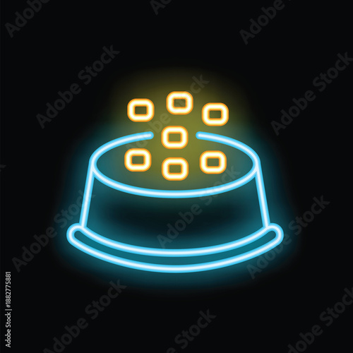 Neon icon of pet food pouring into bowl, representing pet care and nutrition