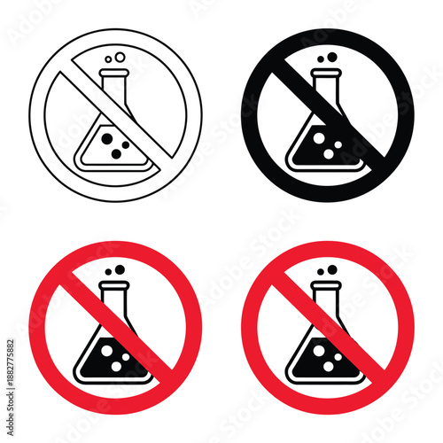 Set of four prohibition signs featuring a laboratory flask with bubbles indicating no chemical substances or experiments allowed
