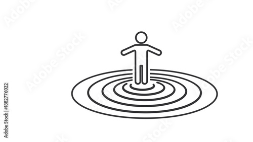Minimalist line art animation of a person standing in the center of concentric circles, representing influence, personal space, or focus.