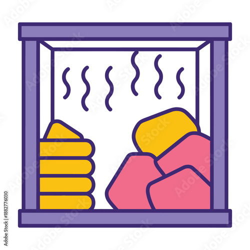 Stylized cartoon illustration of a hot stone massage setup with colorful stones and steam rising in a clean spa environment