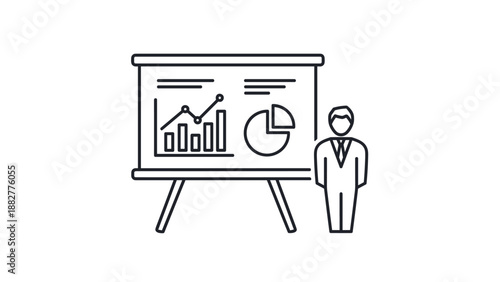 Animated line art icon of a business person giving a presentation with charts and graphs on a whiteboard, for meetings and reports.