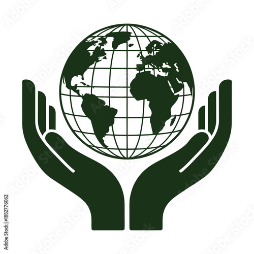 Stylized dark green silhouette of hands cradling a gridlined globe depicting continents isolated on transparent background