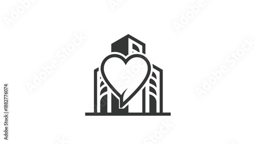 Animated corporate social responsibility icon with a heart over a building, representing a company with core values, ethics, and care.