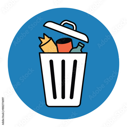 Stylized graphic representation of a overflowing white trash can with a white lid and various waste items isolated on a blue circular background for easy use
