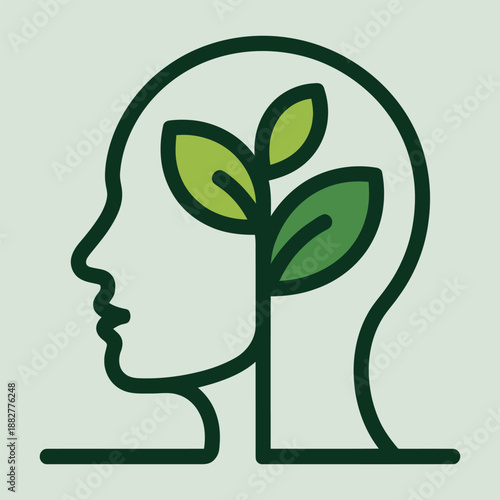 Stylized profile of a human head with a growing green plant inside symbolizes growth potential and fresh thinking in ecology and personal development