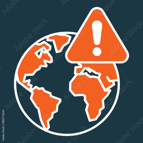 Stylized representation of planet Earth with an orange warning sign featuring an exclamation mark symbolizing global alerts or environmental concerns
