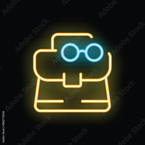 Glowing neon sign depicting a briefcase with glasses, symbolizing the return to education and learning