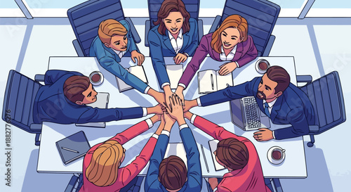 Happy business team joining hands for cooperation office vector