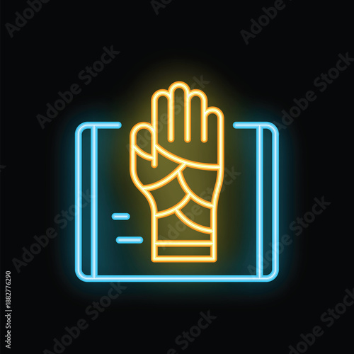 Glowing neon line x ray of hand icon isolated on black background. Vector illustration