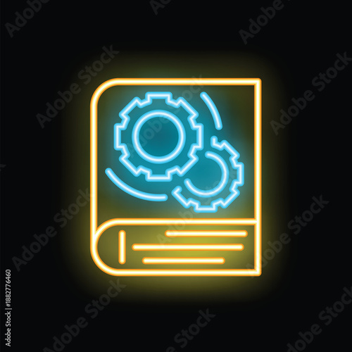 Glowing neon icon of a technical manual with gears, representing engineering and technical documentation