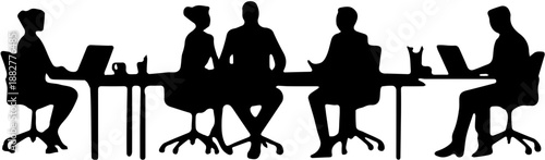 Silhouette of Business People Working on Laptops and Having a Meeting at a Long Table Isolated on White Background
