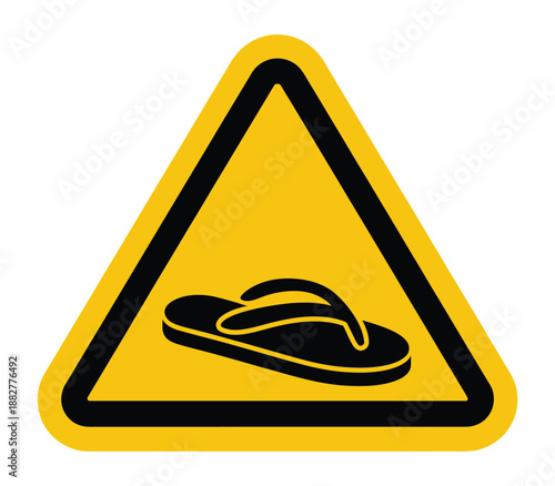 Yellow triangular warning sign featuring a black silhouette of a flipflop shoe isolated on transparent background