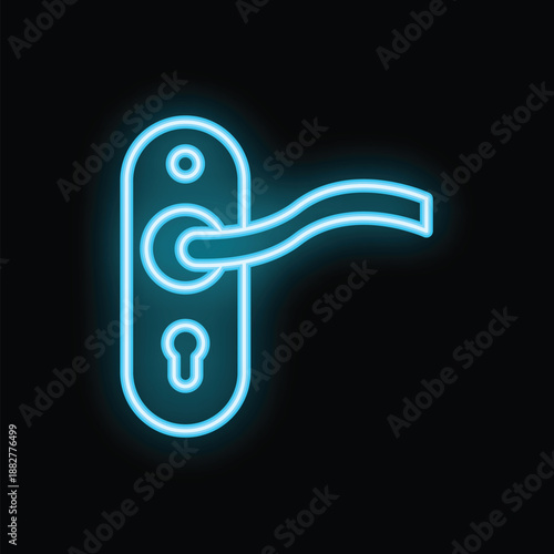 Blue neon sign of a simple door handle with a keyhole, glowing on a black background