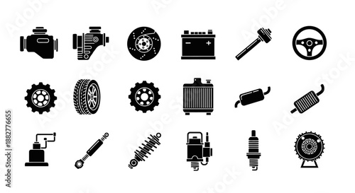 This image features 18 unique black icons representing various car parts in a minimalist flat design.