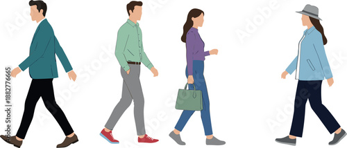 Flat Vector Illustration of Diverse People Walking in Side Profile View, Featuring Men and Women in Casual Fashion Outfits for Urban Street Scenes