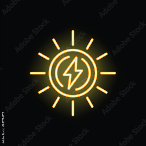 Yellow neon icon of a sun generating electricity with a lightning bolt in the center, on a black background