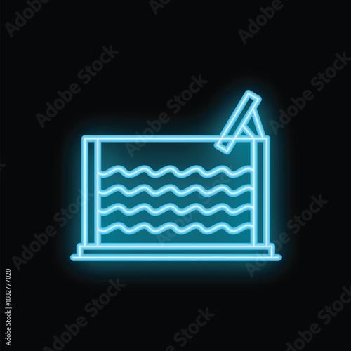 Bright glowing blue neon sign depicting a swimming pool with a springboard, evoking summer vibes and aquatic activities