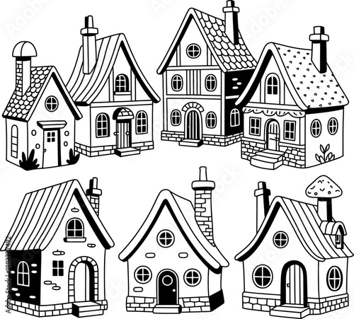 Six black and white fairy tale houses with different patterns and textures