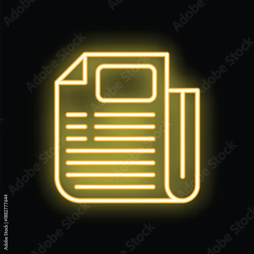 Glowing neon icon of newspaper with blank space for text on black brick wall background