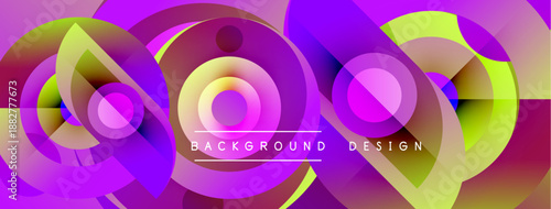 Abstract vibrant circles overlap creating dynamic colorful background. Modern design features gradients, purple, yellow hues.