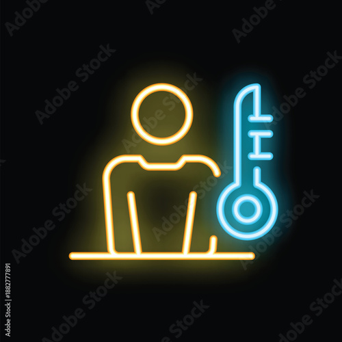 Neon sign of a person having their temperature checked with a thermometer