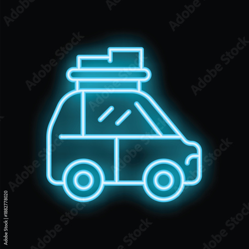 Neon blue icon of a car carrying luggage on its roof rack on a black background