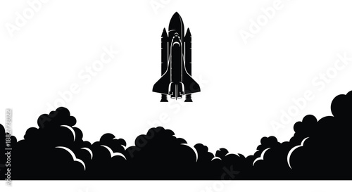 a striking visual depiction of a space shuttle launching amidst billowing smoke and clouds presented as a bold silhouette high quality